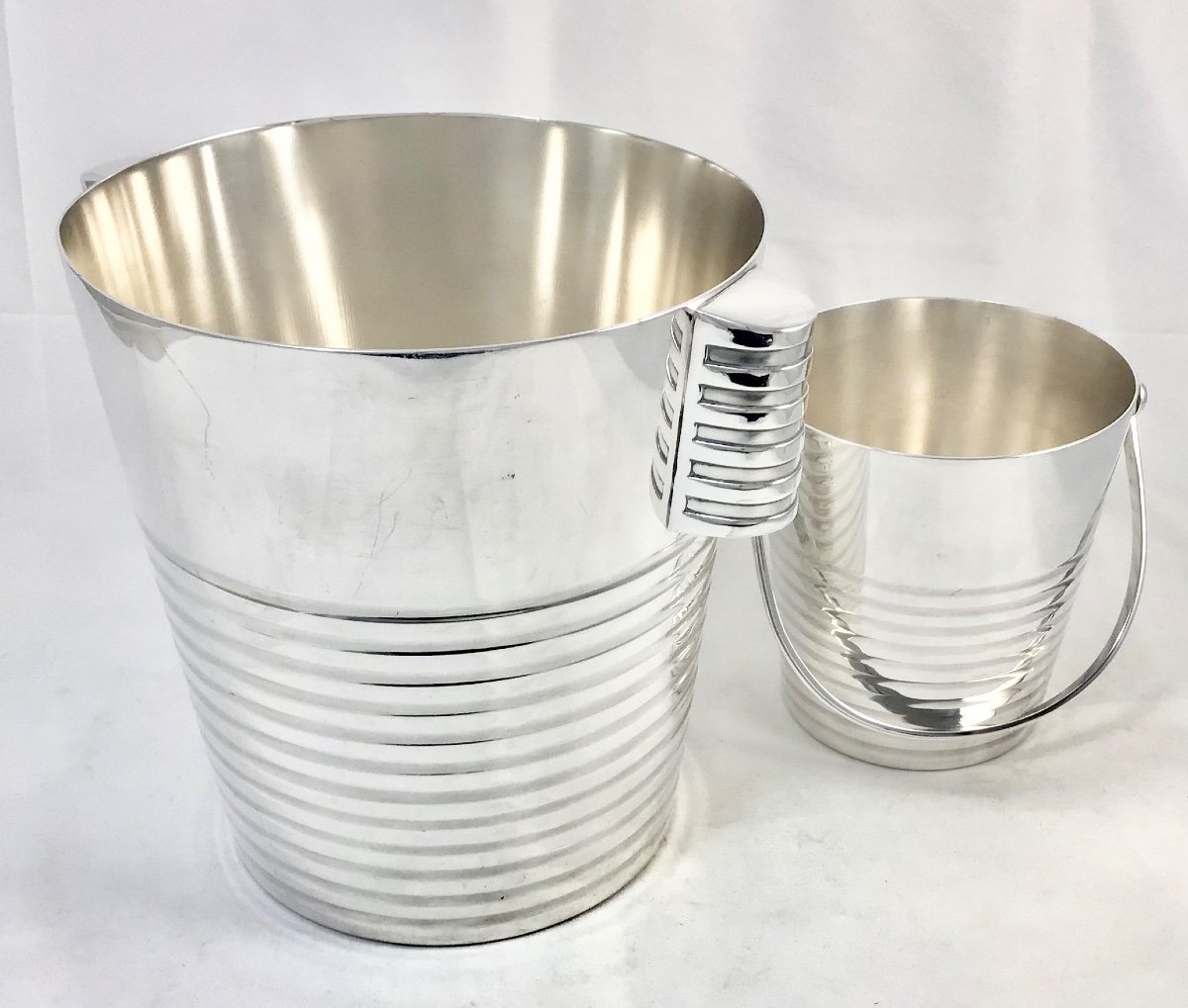 Champagne Bucket And Ice Bucket, Ondulations , Luc Lanel For Christofle, Silver Metal -photo-6