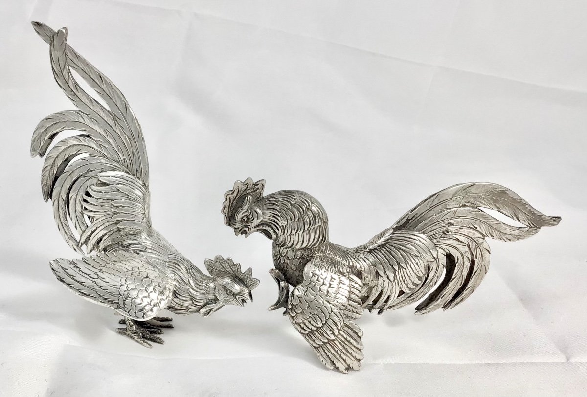 Roosters In Fighting In Sterling Silver, Belgium 1940-1950-photo-2