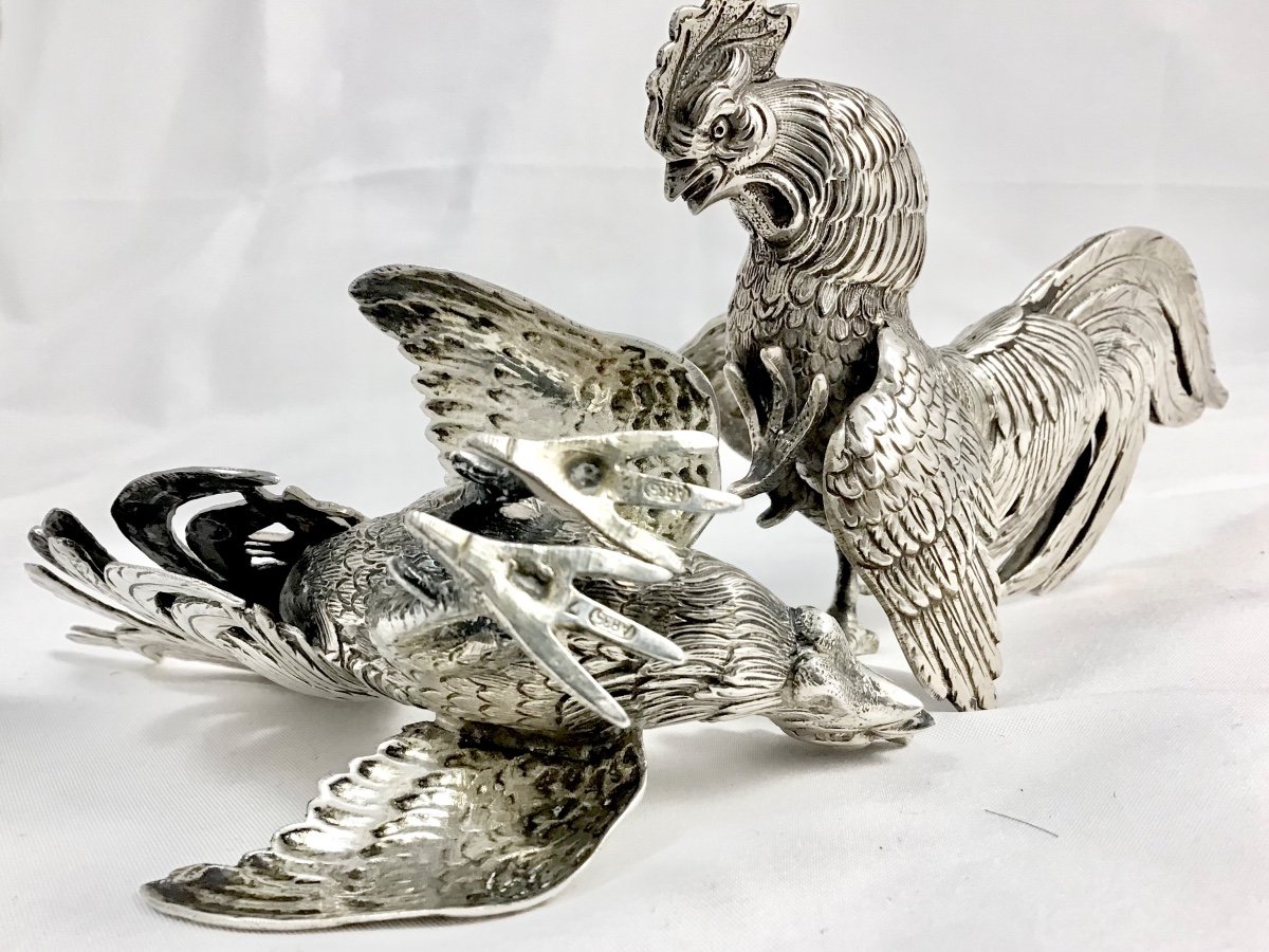 Roosters In Fighting In Sterling Silver, Belgium 1940-1950-photo-4