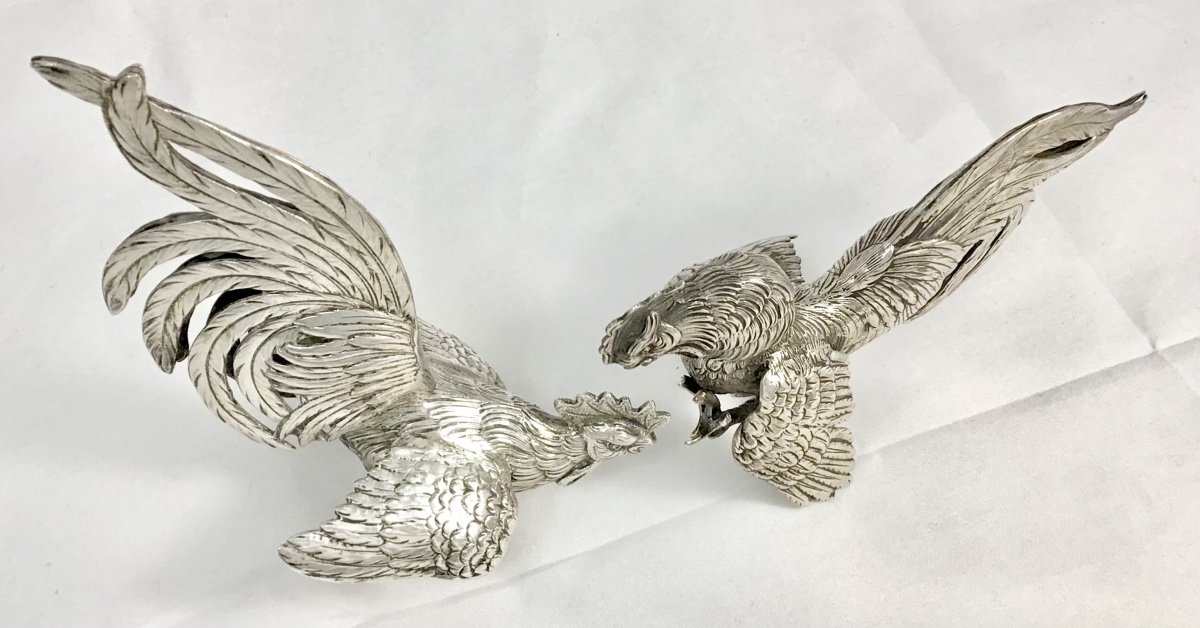 Roosters In Fighting In Sterling Silver, Belgium 1940-1950-photo-4