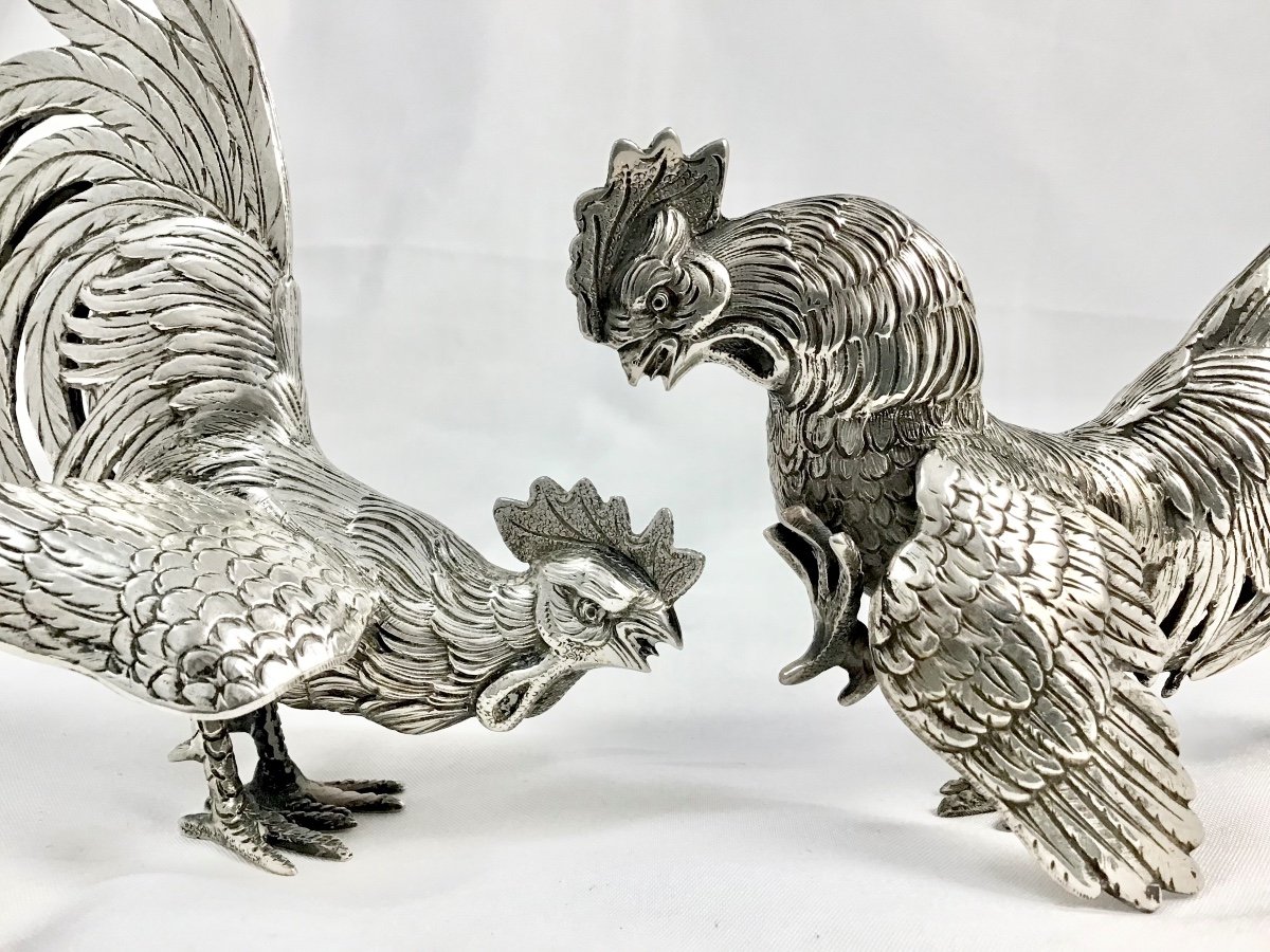 Roosters In Fighting In Sterling Silver, Belgium 1940-1950