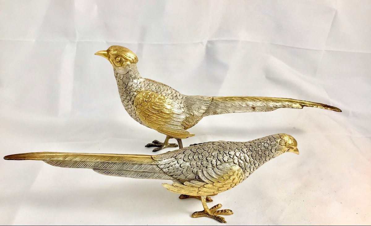 Pair Of Pheasants In Sterling Silver And Vermeil, Spain 1940s-1960s-photo-2