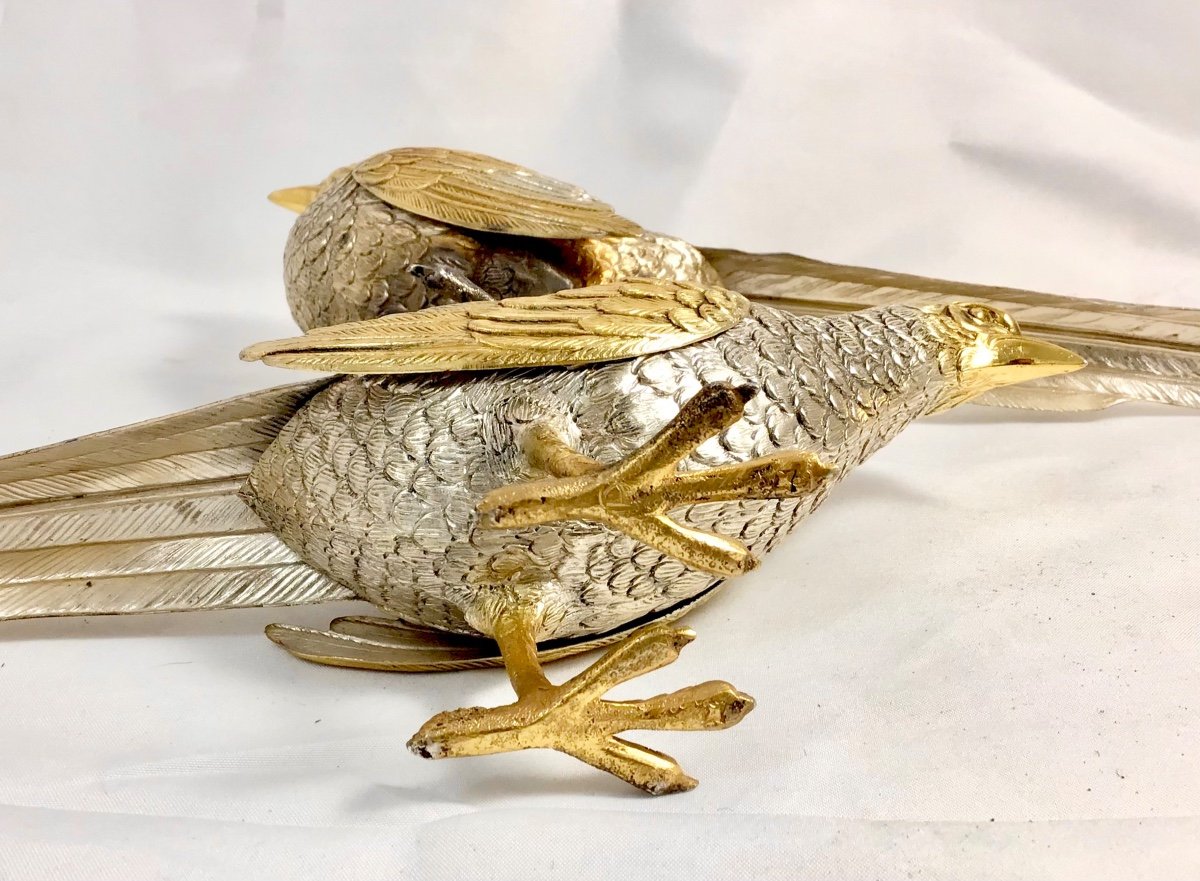 Pair Of Pheasants In Sterling Silver And Vermeil, Spain 1940s-1960s-photo-1