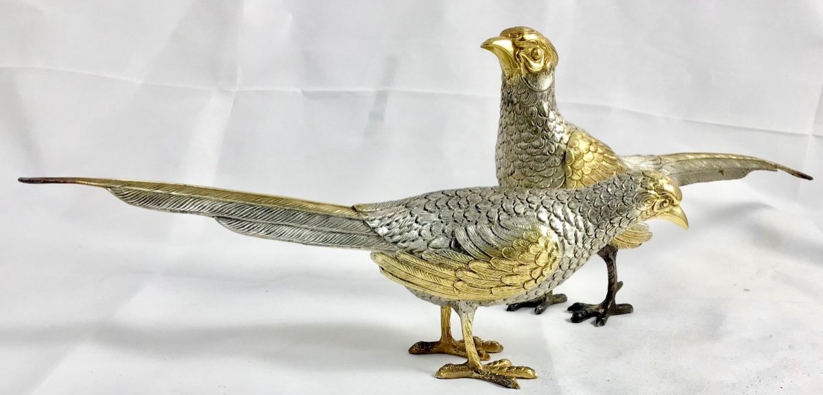 Pair Of Pheasants In Sterling Silver And Vermeil, Spain 1940s-1960s-photo-4