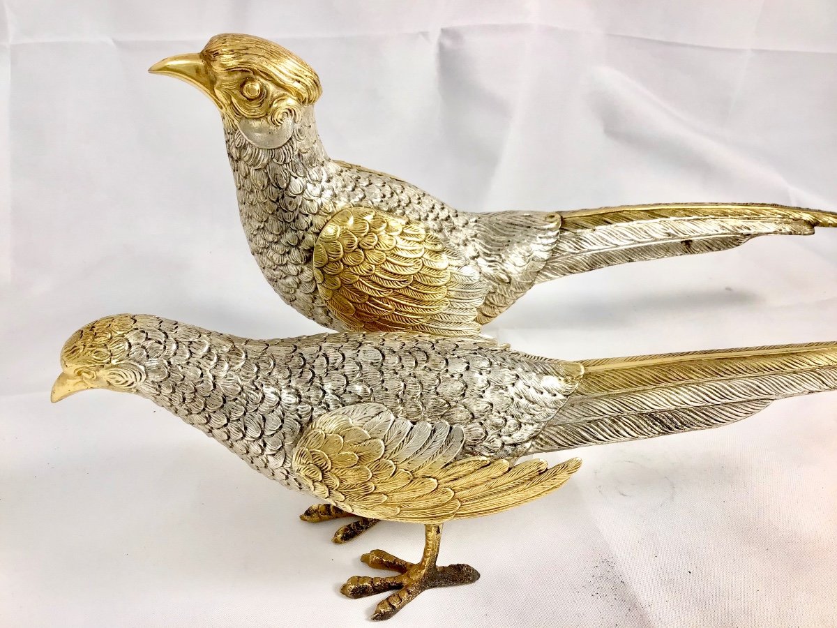 Pair Of Pheasants In Sterling Silver And Vermeil, Spain 1940s-1960s-photo-5