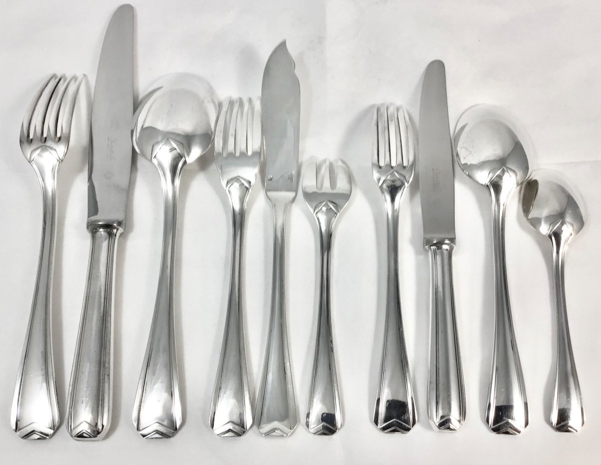 Canteen Of Cutlery 127 Pieces, Christofle “chevron”, Drawing By Luc Lanel, Art Deco-photo-4