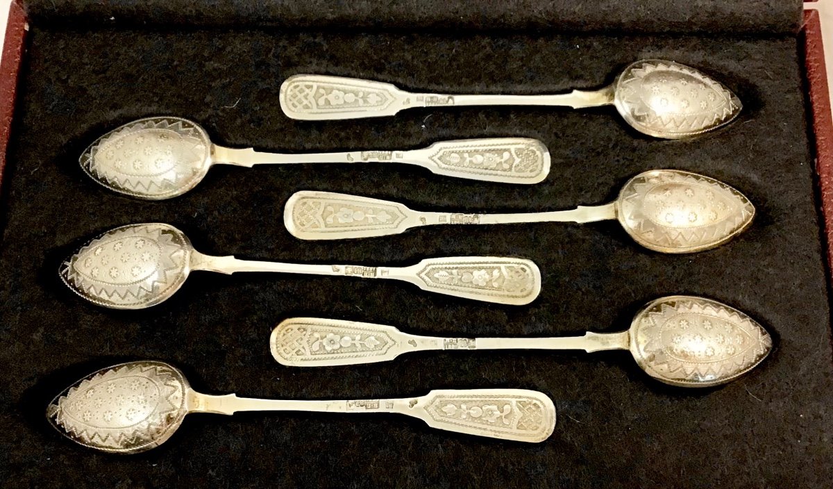 Moscow 1885, 6 Teaspoons In A Box, Sterling Silver -photo-7