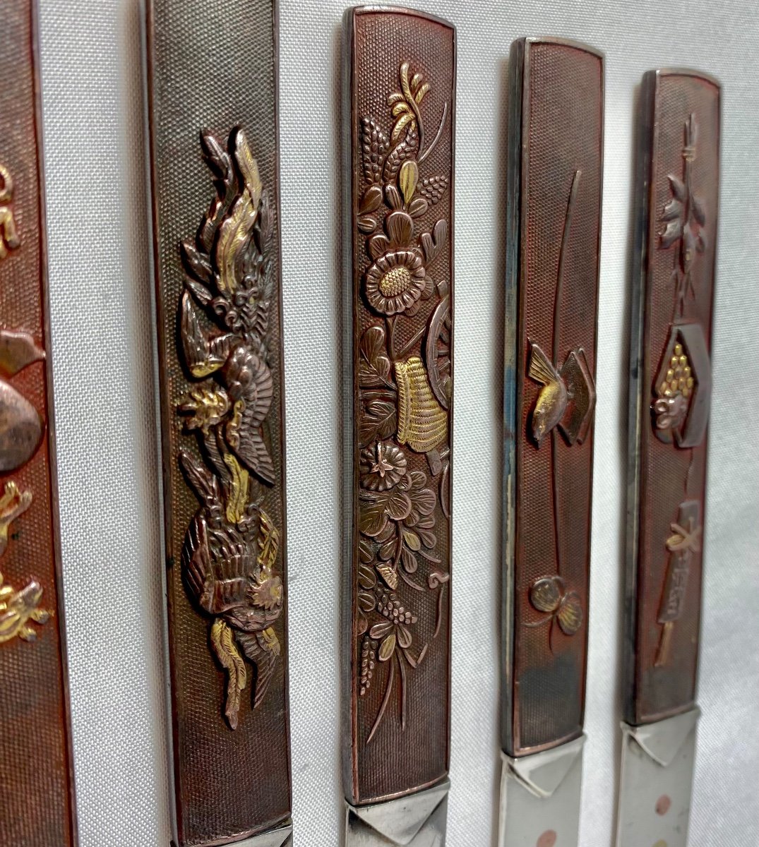 6 Couteaux à Dessert « Kozuka », Argent Massif Et Bronze , Japon Et Paris Vers 1870-photo-2