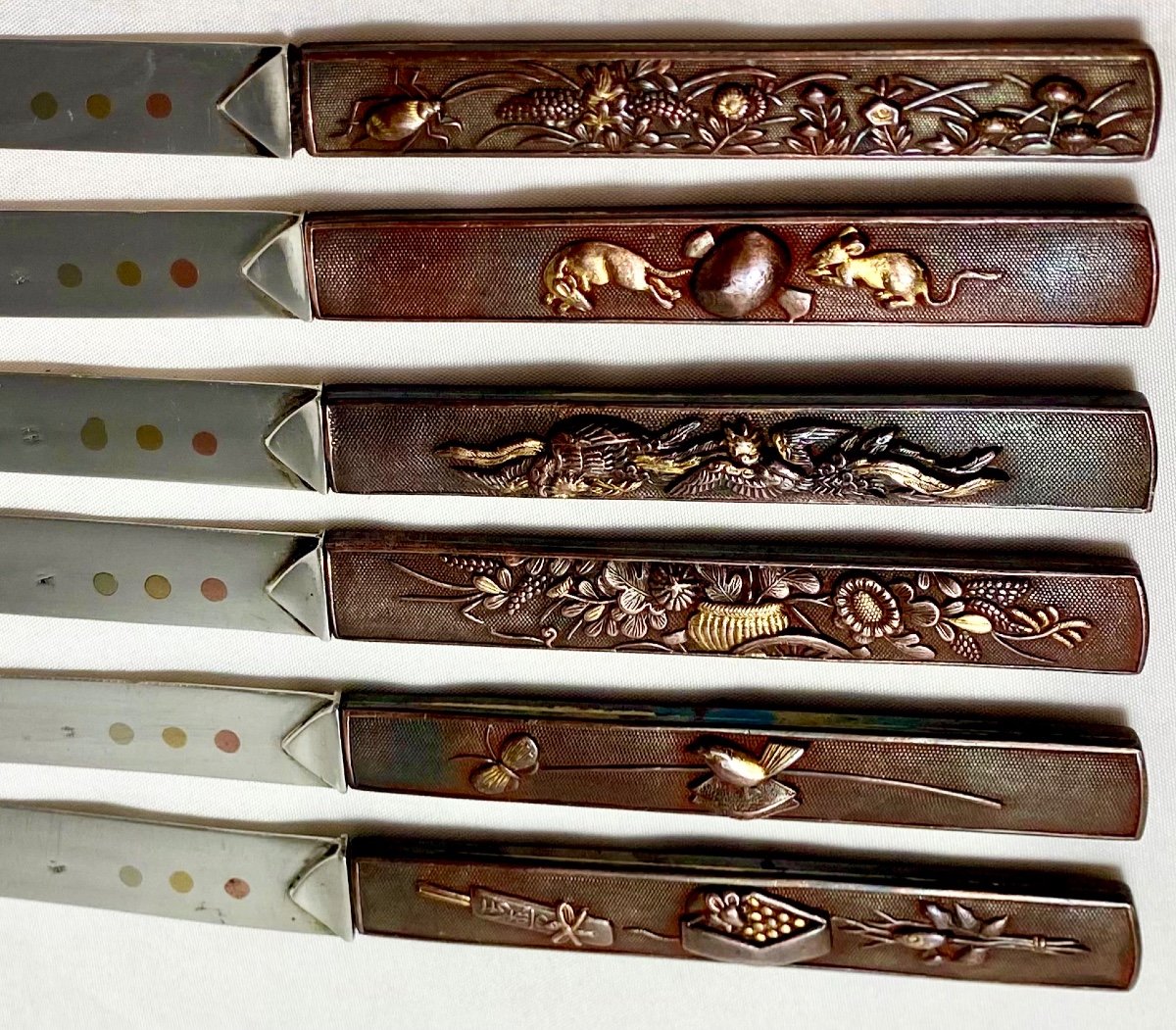 6 Couteaux à Dessert « Kozuka », Argent Massif Et Bronze , Japon Et Paris Vers 1870-photo-4