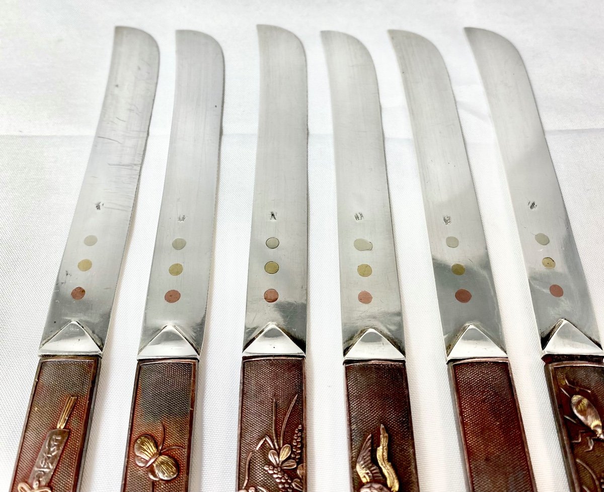 6 Couteaux à Dessert « Kozuka », Argent Massif Et Bronze , Japon Et Paris Vers 1870-photo-5