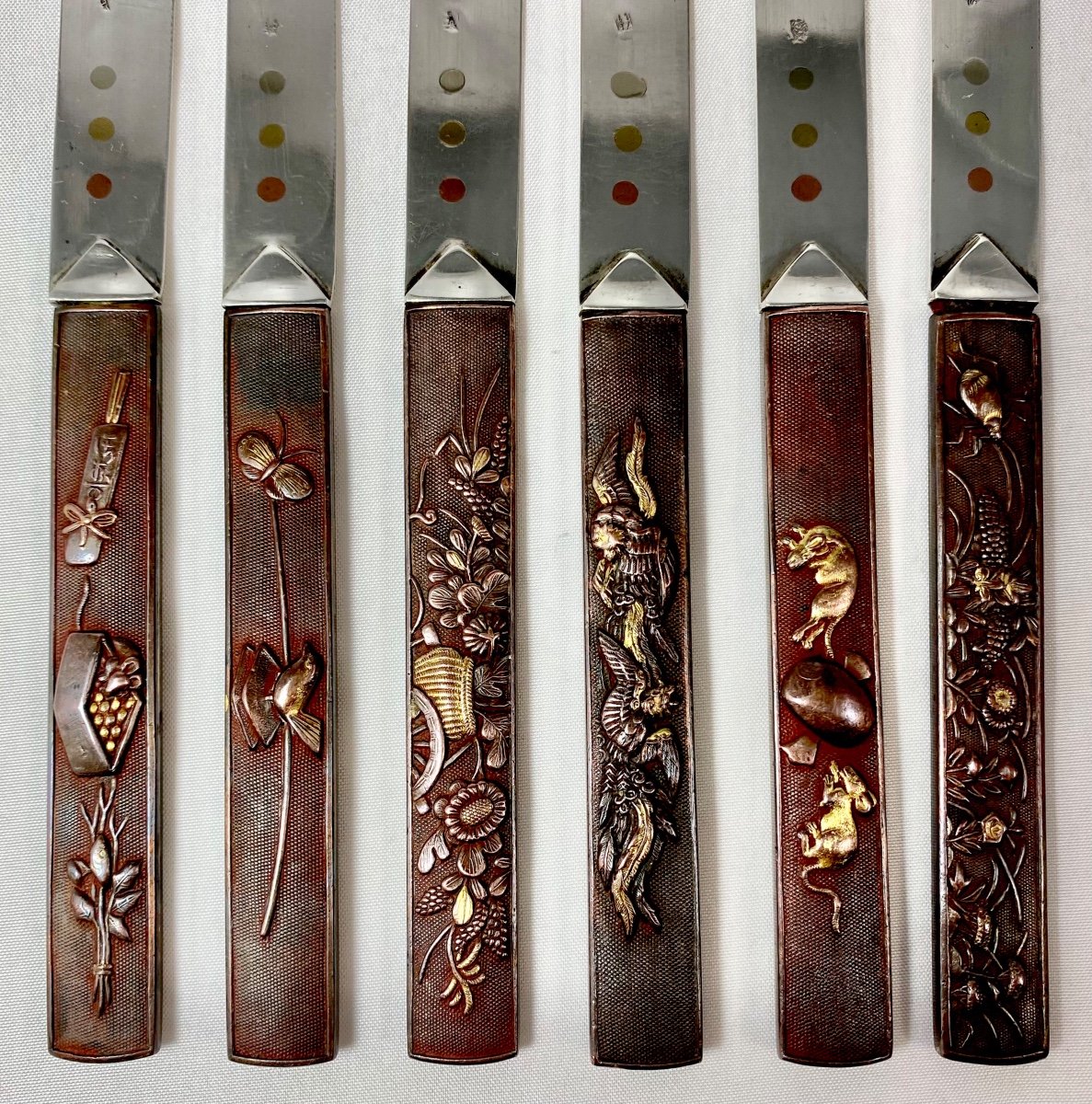 6 Couteaux à Dessert « Kozuka », Argent Massif Et Bronze , Japon Et Paris Vers 1870-photo-6