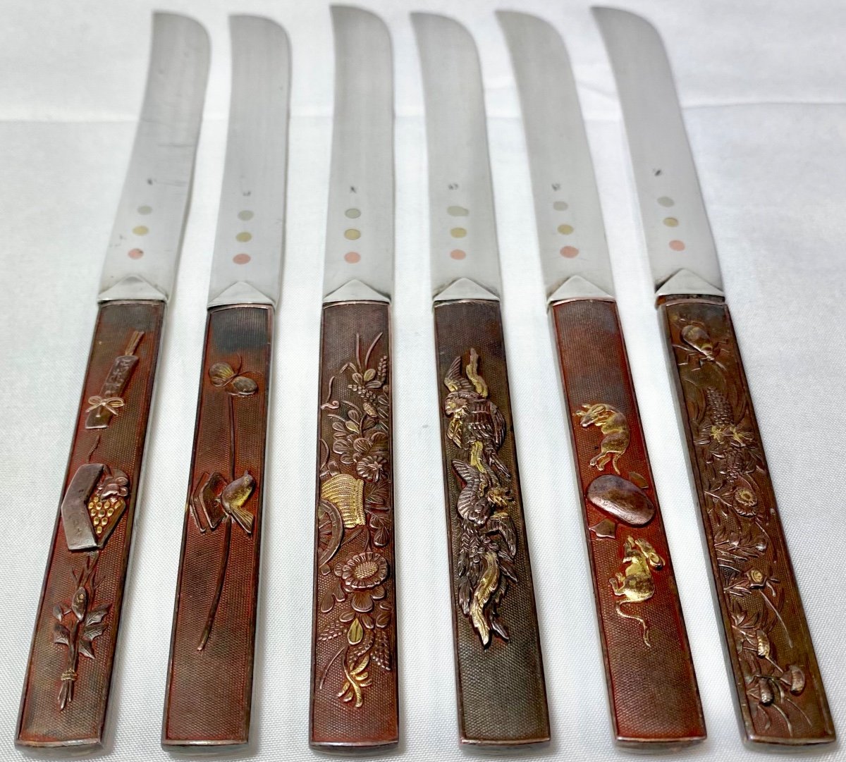 6 Couteaux à Dessert « Kozuka », Argent Massif Et Bronze , Japon Et Paris Vers 1870