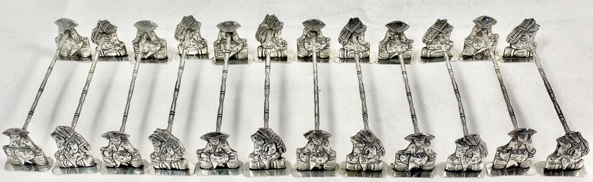 12 Knife Rests Or Chopstick Rests, Sterling Silver, Indochina, 1920-1940-photo-1