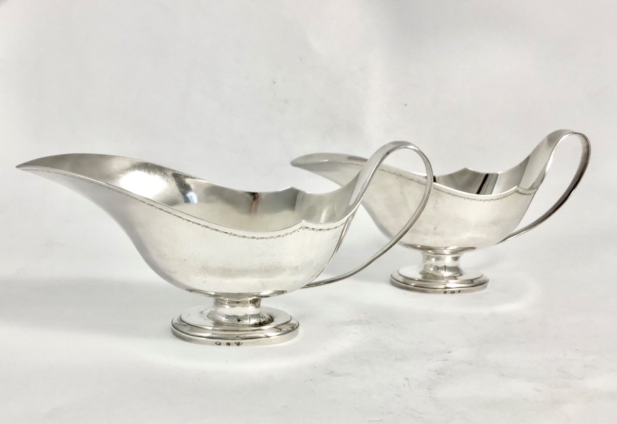 Ghent 1798-1809, Pair Of Helmet Sauce Boats, Solid Silver, Goldsmith Roelants, Empire -photo-3