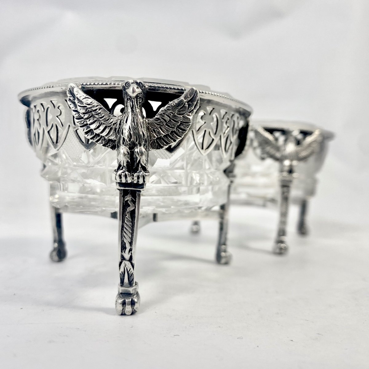 Paris 1798-1809, Two Salts And A Mustard Pot, Solid Silver And Cut Crystal, A. Mignerot-photo-4