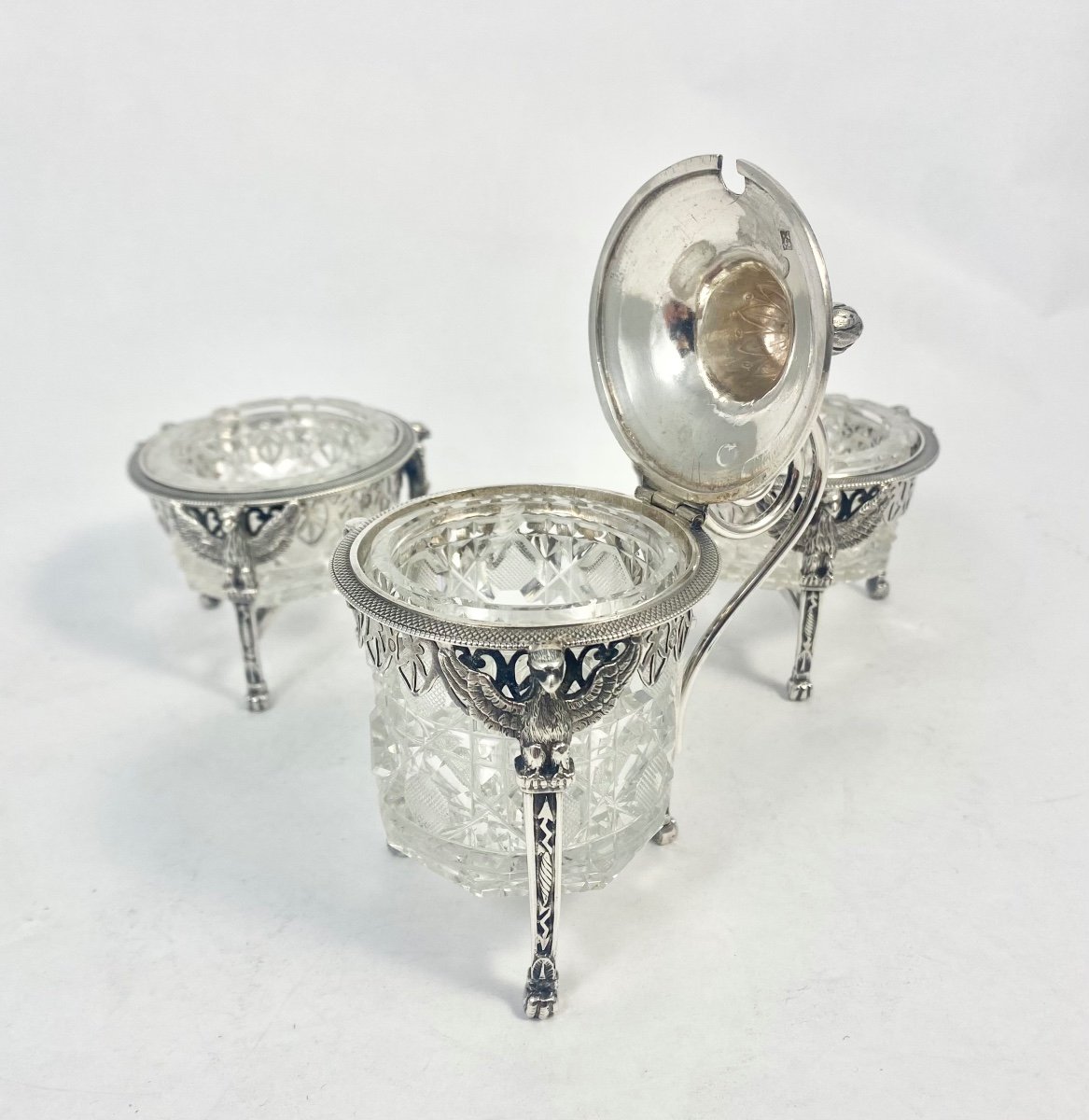 Paris 1798-1809, Two Salts And A Mustard Pot, Solid Silver And Cut Crystal, A. Mignerot-photo-2