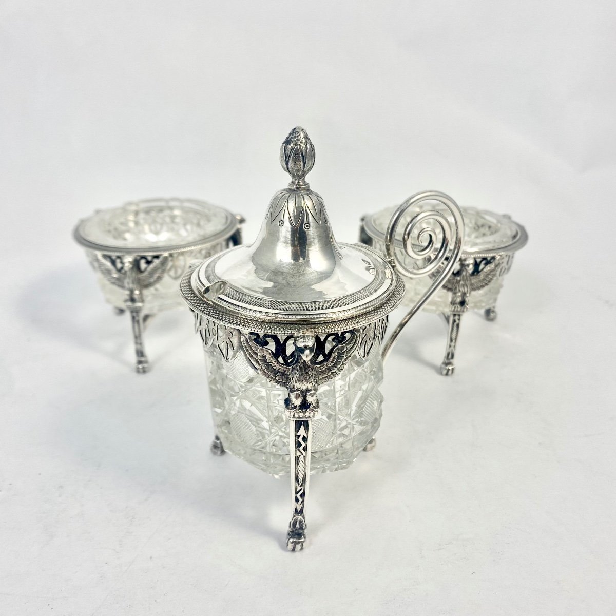 Paris 1798-1809, Two Salts And A Mustard Pot, Solid Silver And Cut Crystal, A. Mignerot-photo-3