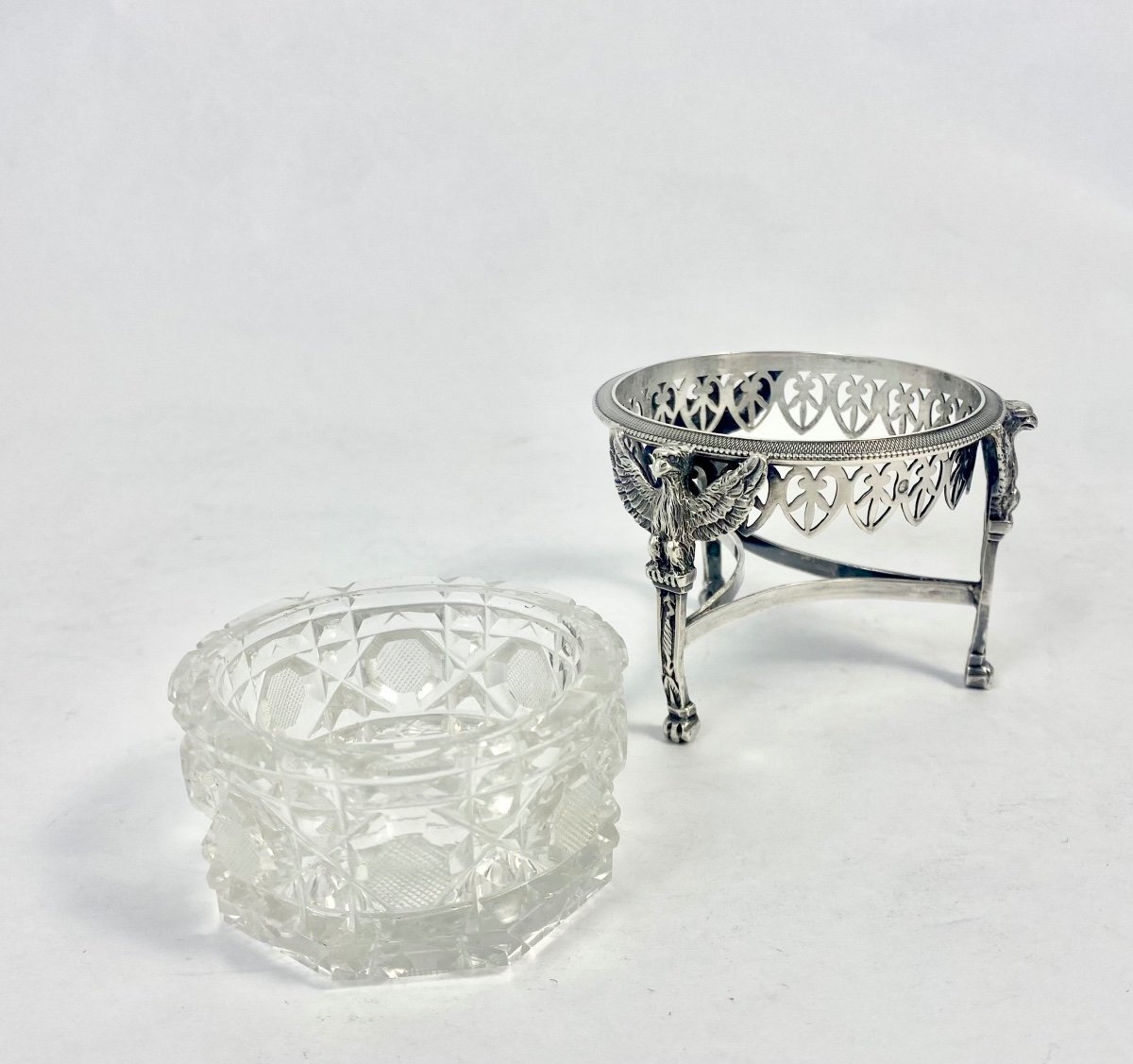 Paris 1798-1809, Two Salts And A Mustard Pot, Solid Silver And Cut Crystal, A. Mignerot-photo-5