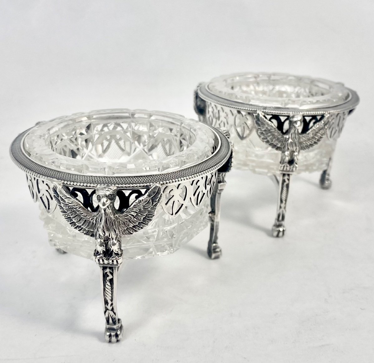 Paris 1798-1809, Two Salts And A Mustard Pot, Solid Silver And Cut Crystal, A. Mignerot-photo-6