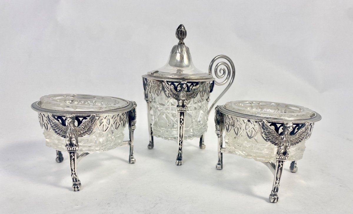 Paris 1798-1809, Two Salts And A Mustard Pot, Solid Silver And Cut Crystal, A. Mignerot-photo-7