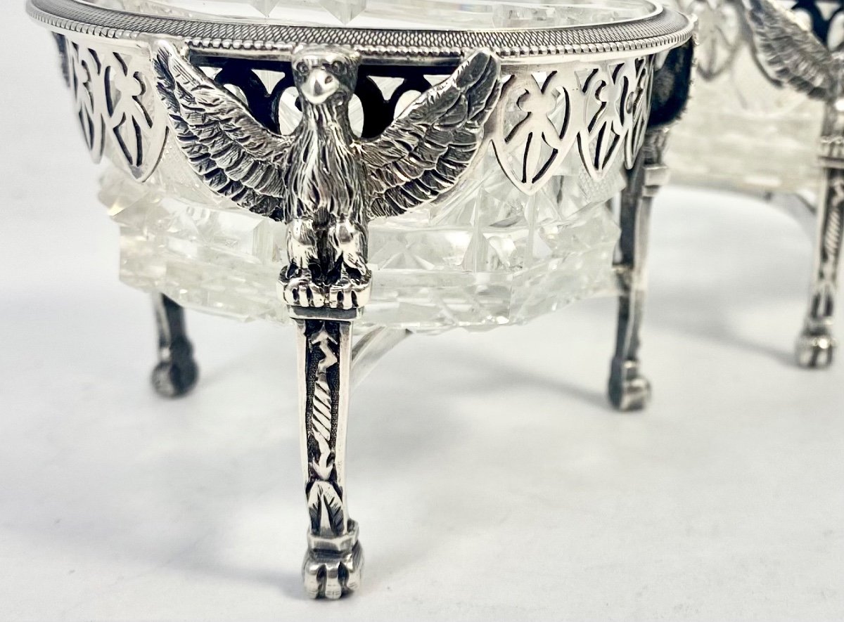 Paris 1798-1809, Two Salts And A Mustard Pot, Solid Silver And Cut Crystal, A. Mignerot