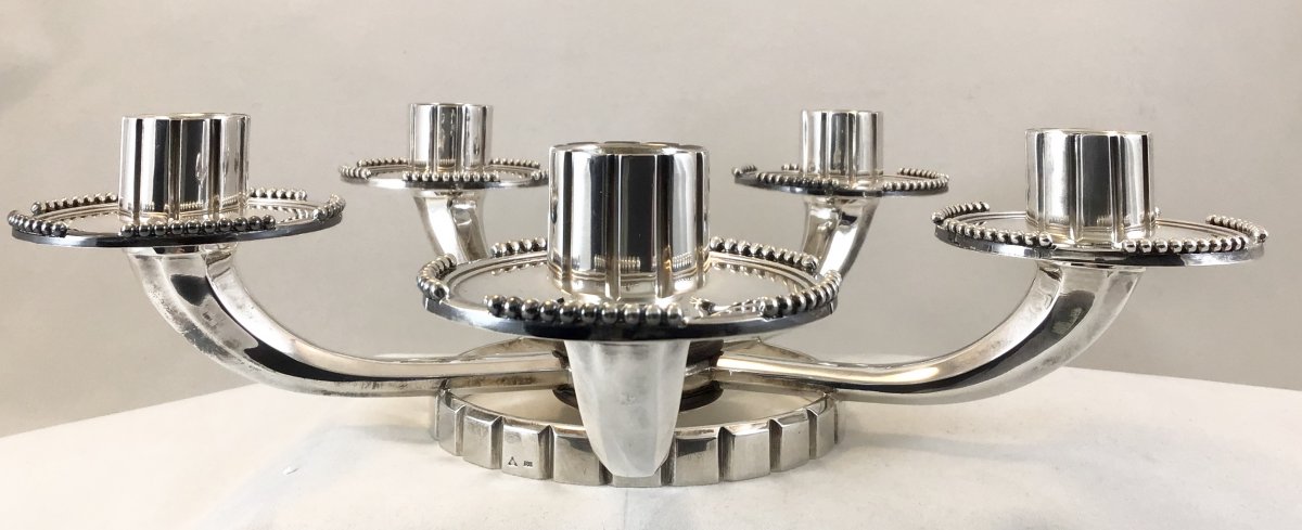 Art Deco Silver Candelabra, Wolfers, Brussels 1930s-35s, Silver And Rosewood-photo-3