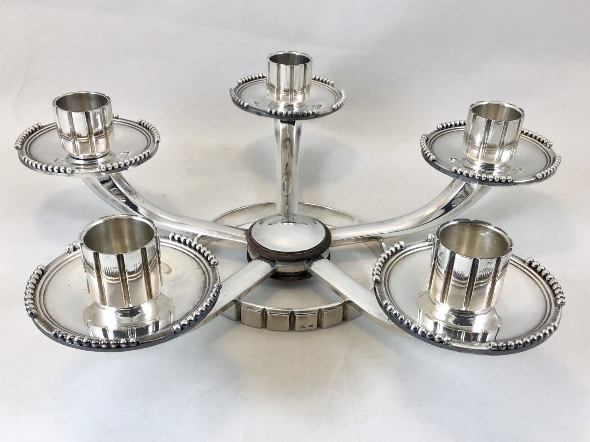 Art Deco Silver Candelabra, Wolfers, Brussels 1930s-35s, Silver And Rosewood-photo-4