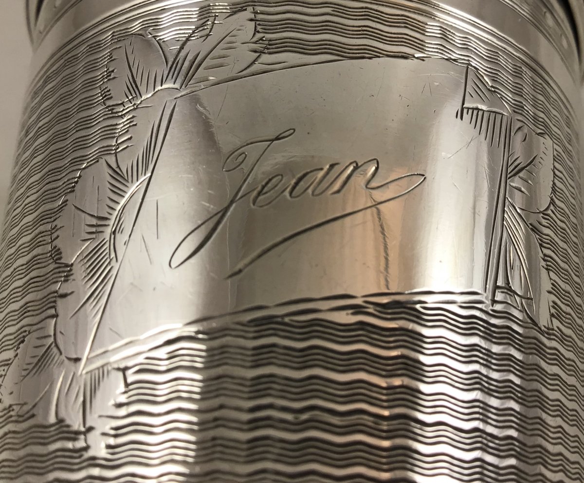 Beaker In Silver, Engraved “jean”, France 1870-1890, Guilloche, Silver Goblet