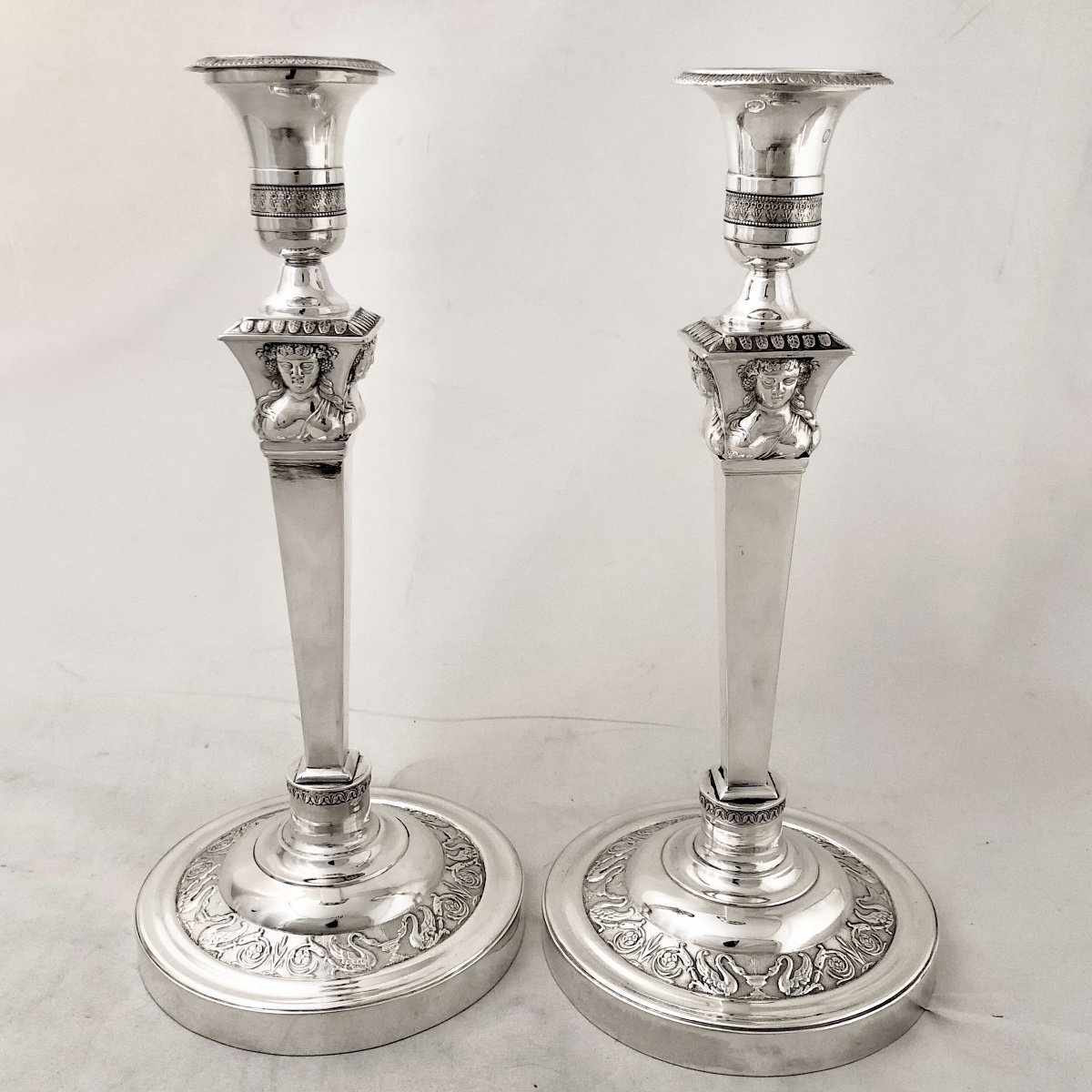 Pair Of Empire Candlesticks, Sterling Silver, Goldsmith François Drion, Liège Around 1830-photo-2