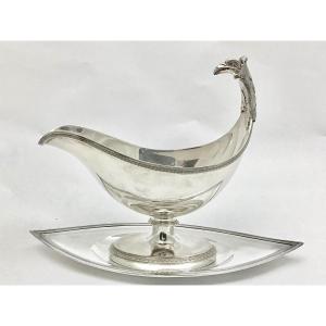 Empire Gravy Boat And Its Stand , Sterling Silver, France Circa 1900, Sauce Boat 