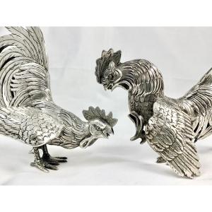 Roosters In Fighting In Sterling Silver, Belgium 1940-1950