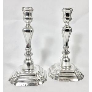 Bruges 1738, Pair Of Candlesticks In Sterling Silver, Ioannes Vincke, Kandelaars Zilver Brugge