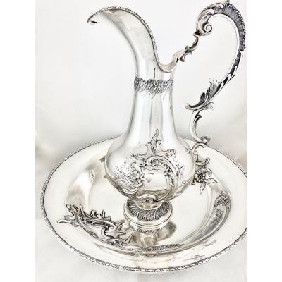 Aiguière Et Son Bassin, Argent Massif Style Louis XV, Portugal Vers 1890