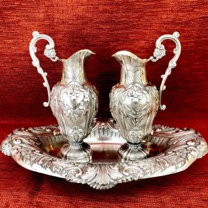 Very Large Pair Of Altar Cruets, France Circa 1850, Sterling Silver, H. Puche