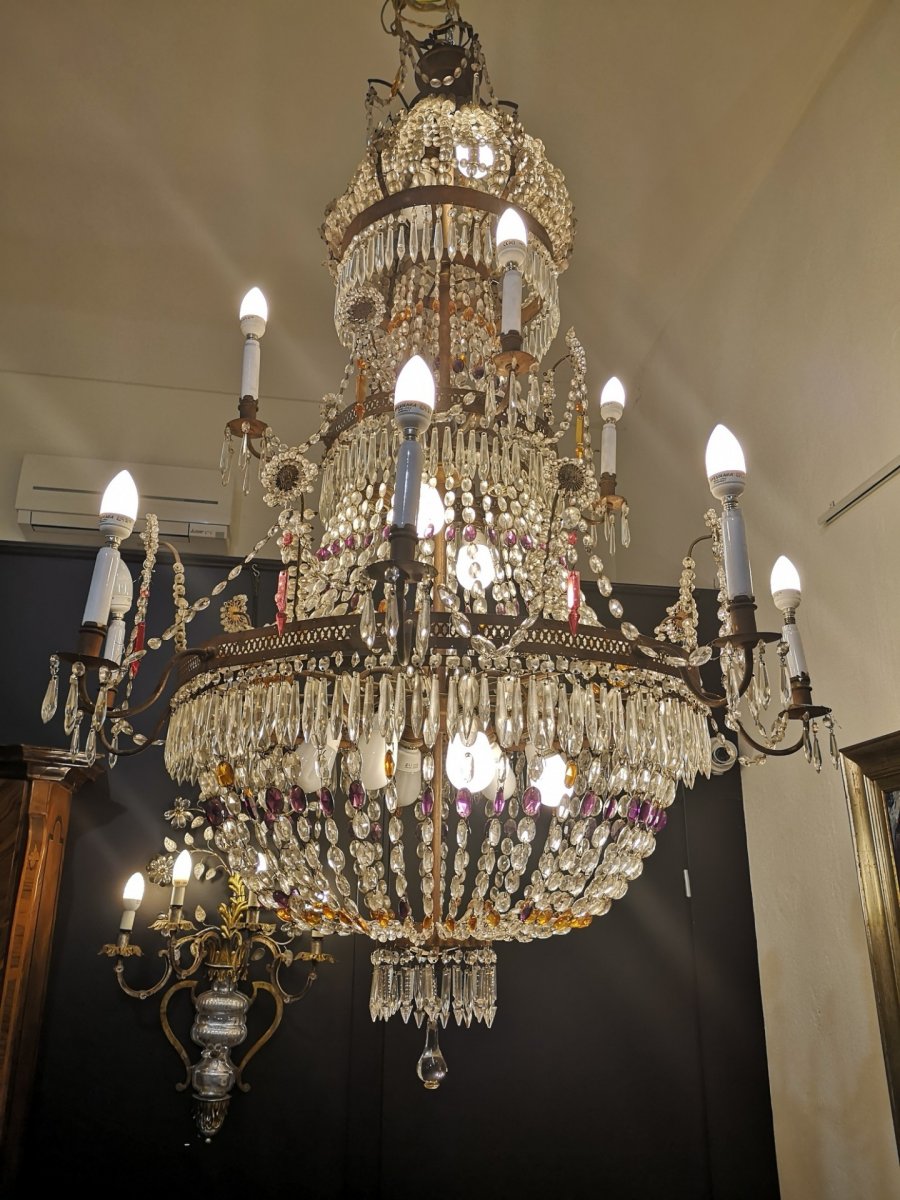 Grand Lustre En Tôle Et Pendentifs En Verre, époque 19ème Siècle-photo-2