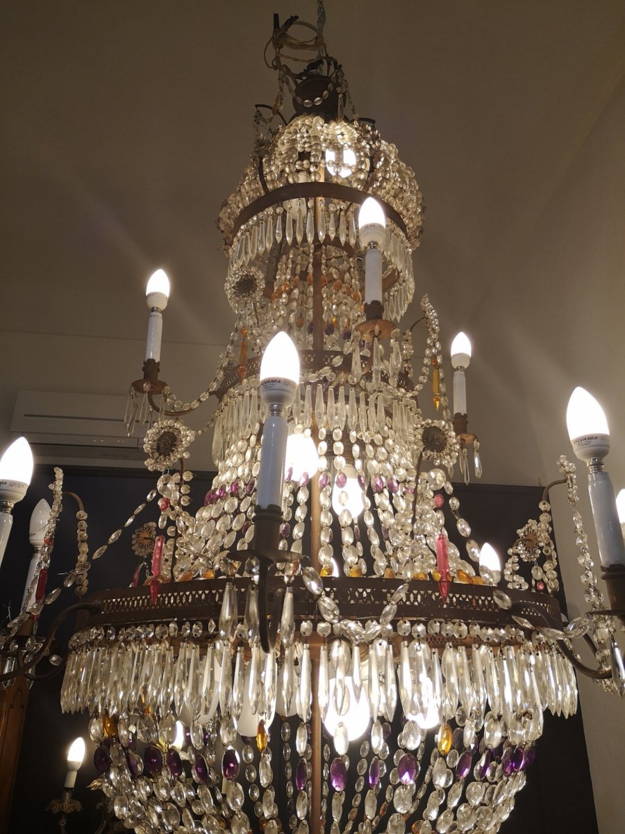 Grand Lustre En Tôle Et Pendentifs En Verre, époque 19ème Siècle-photo-1