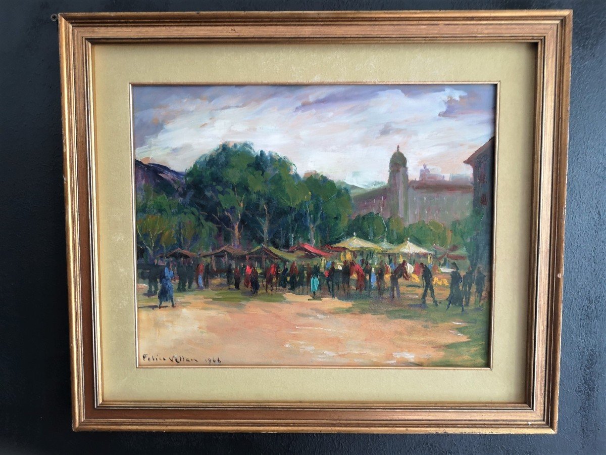 Peinture, Huile Sur Panneau, Felice Vellan, Marché De Nice