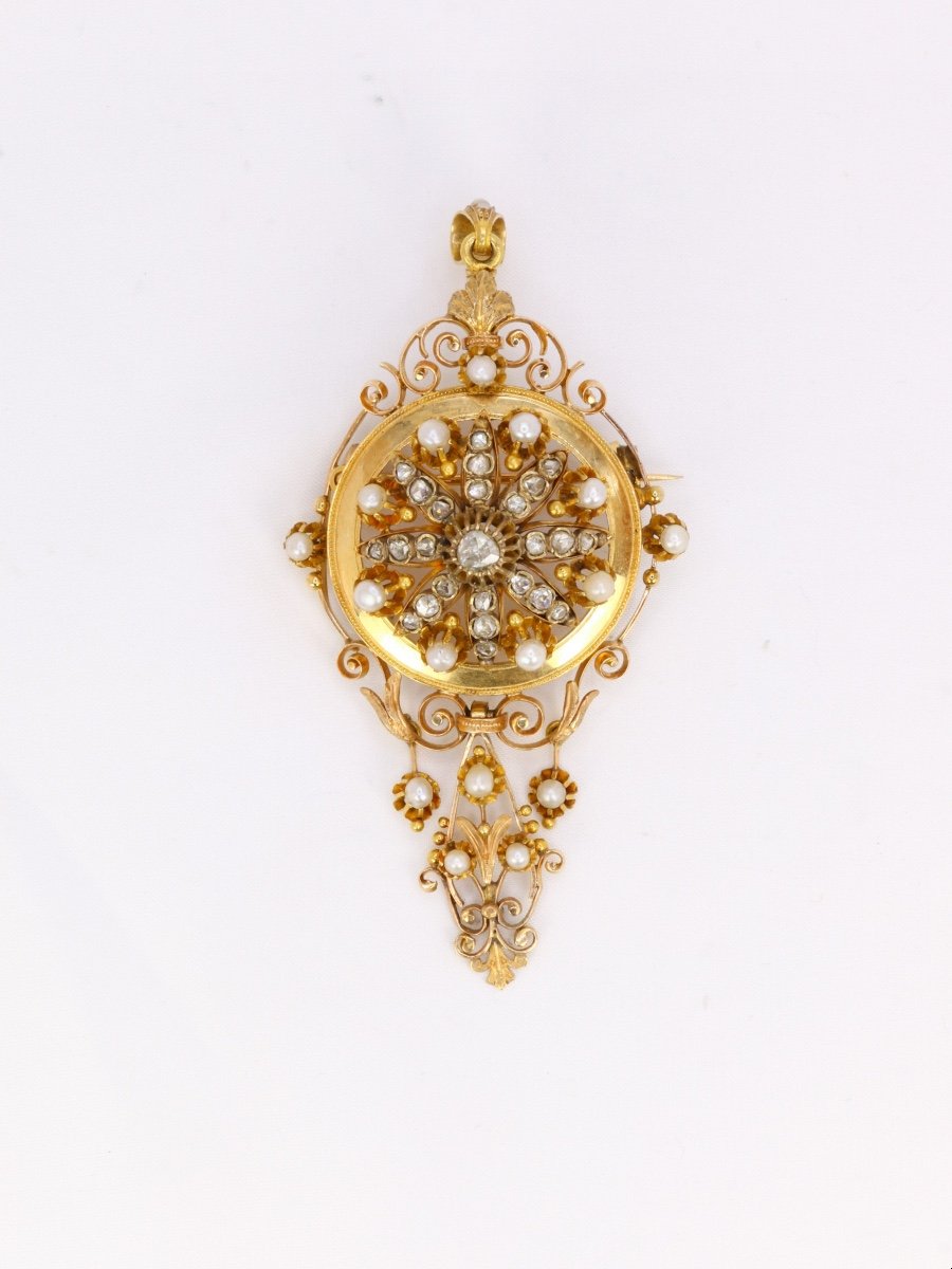 Napoleon III Brooch Pendant In Gold, Diamonds And Fine Pearls-photo-2