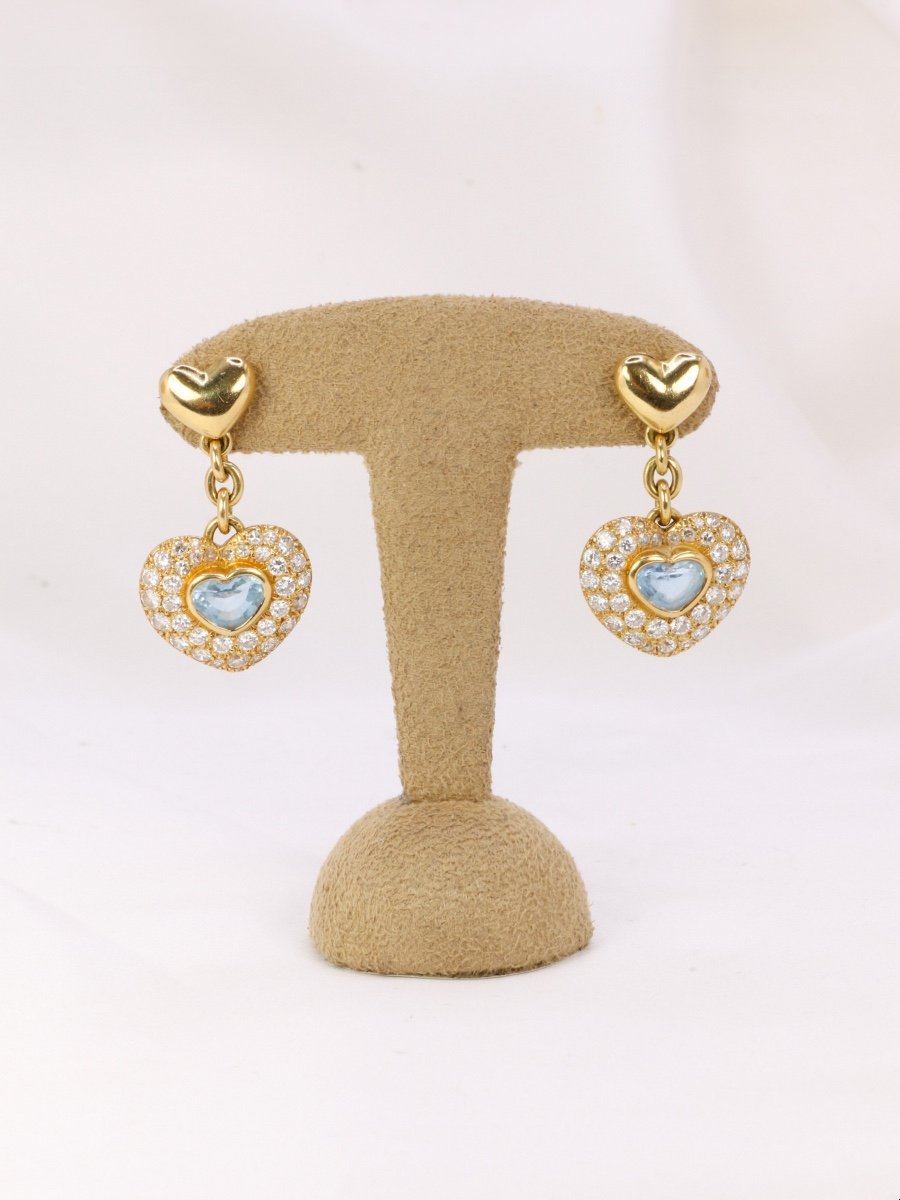 Boucles d'Oreilles Pendantes Coeur En Or, Diamants Et Aigue-marine-photo-2