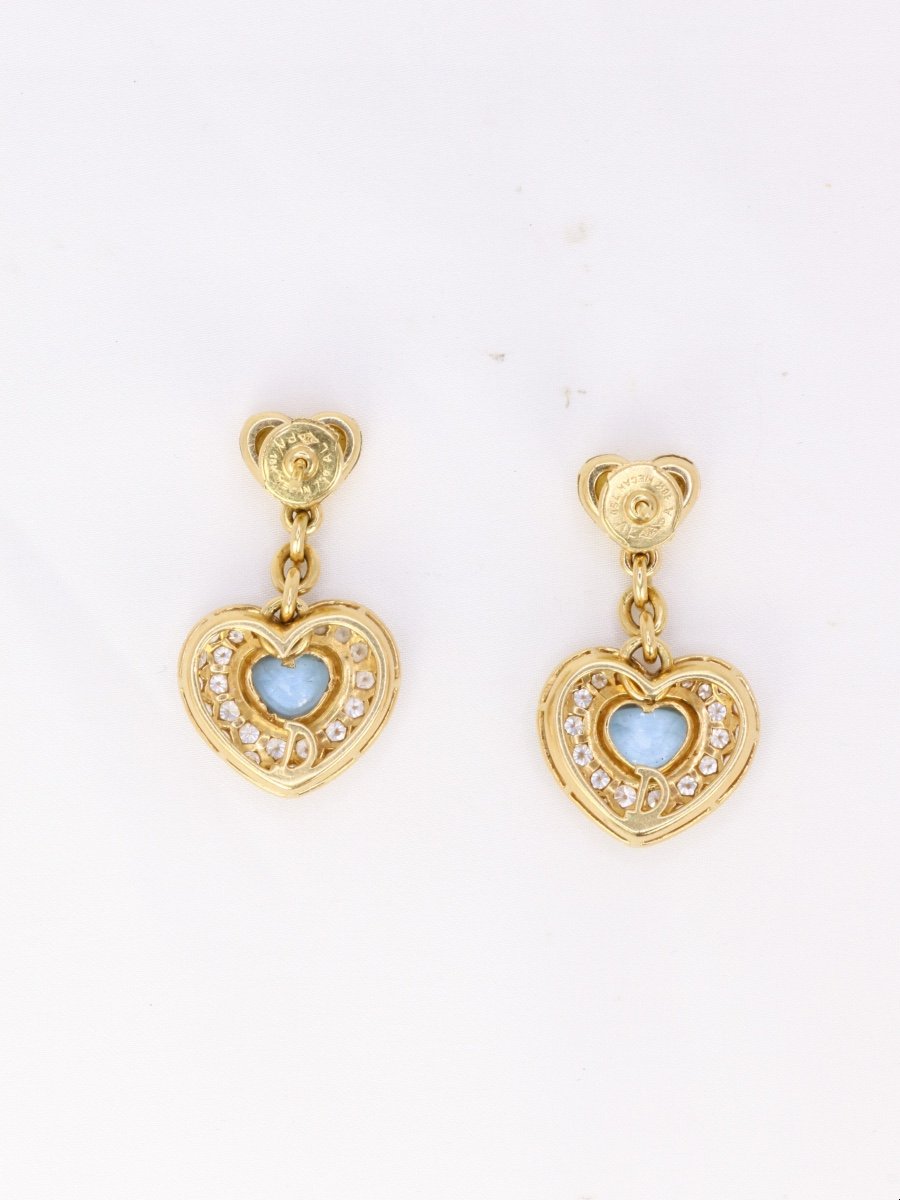 Boucles d'Oreilles Pendantes Coeur En Or, Diamants Et Aigue-marine-photo-2