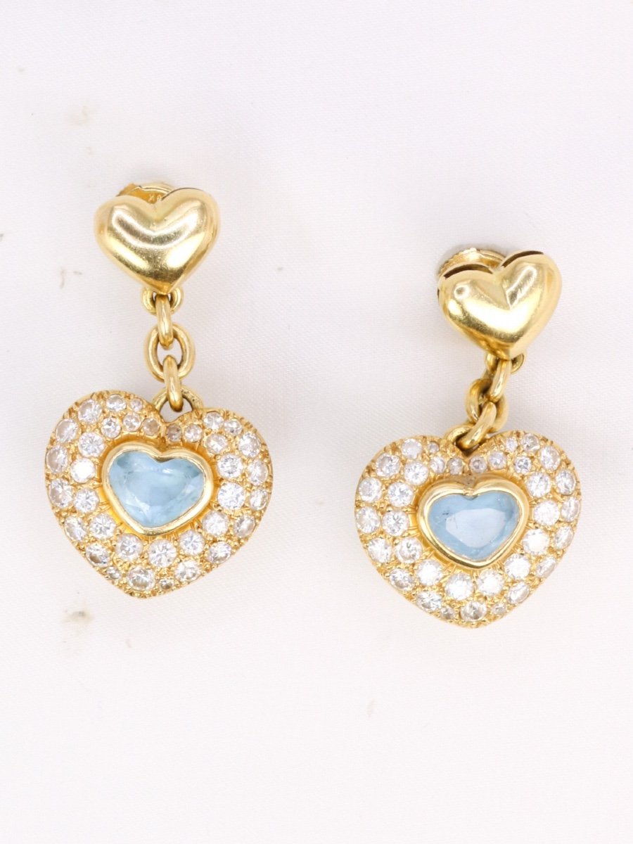 Boucles d'Oreilles Pendantes Coeur En Or, Diamants Et Aigue-marine