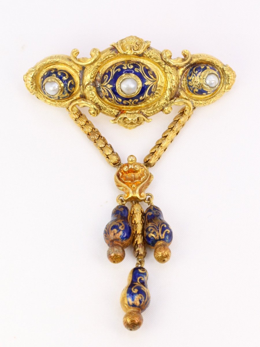 Antique Napoleon III Brooch In Gold, Pearls And Blue Enamel