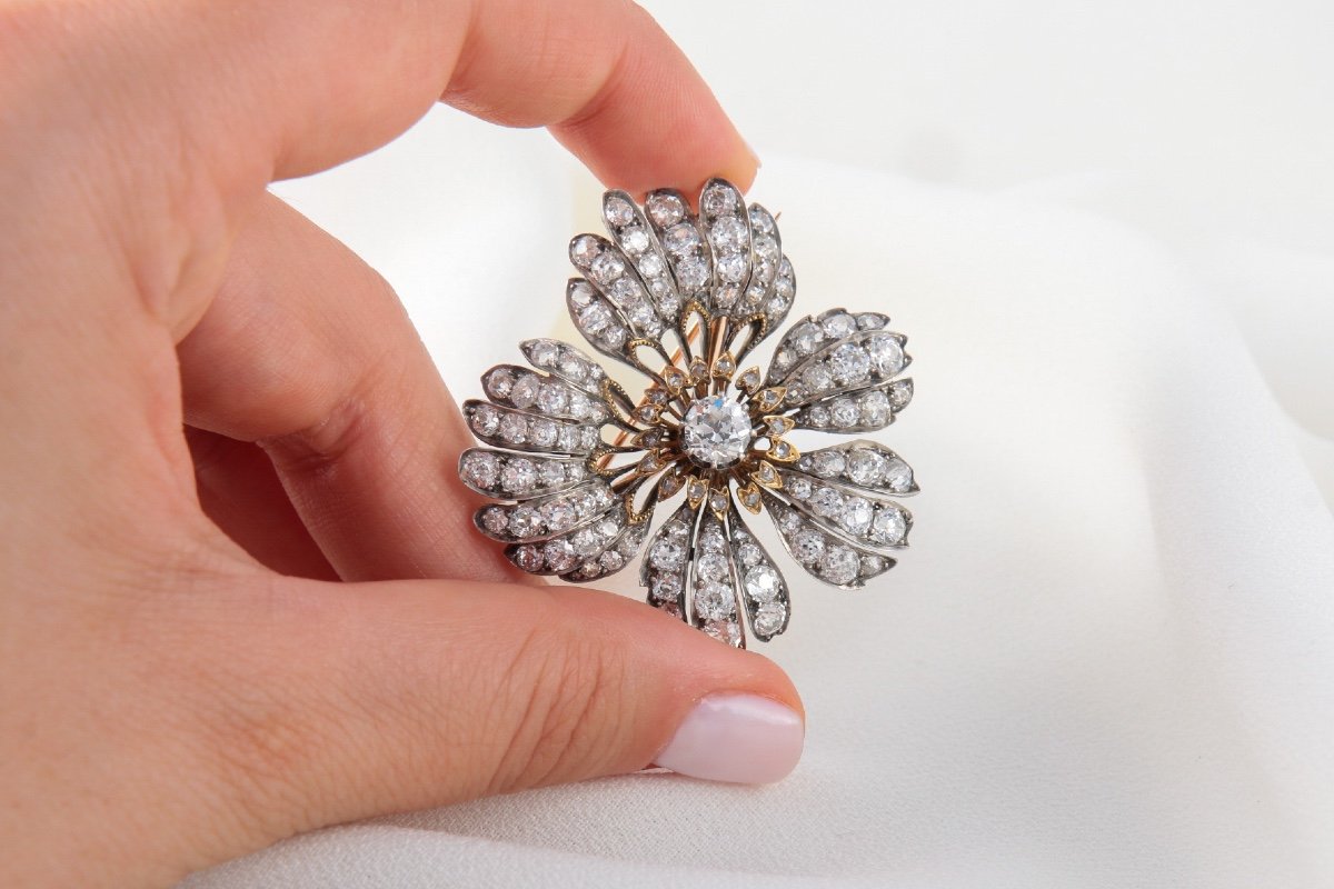 Antique Flower Brooch Gold Silver Antique Cut Diamonds-photo-2