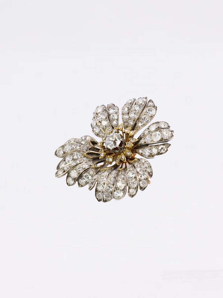 Broche Fleur Ancienne Or Argent Diamants Taille Ancienne-photo-4