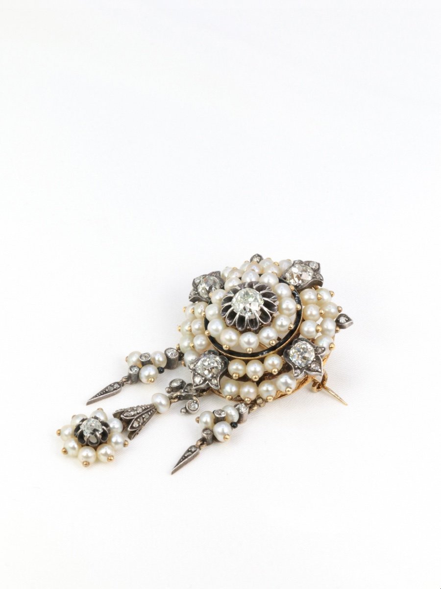 Broche Ancienne Guirlande Or Argent Perles Fines Diamants Taille Ancienne-photo-1