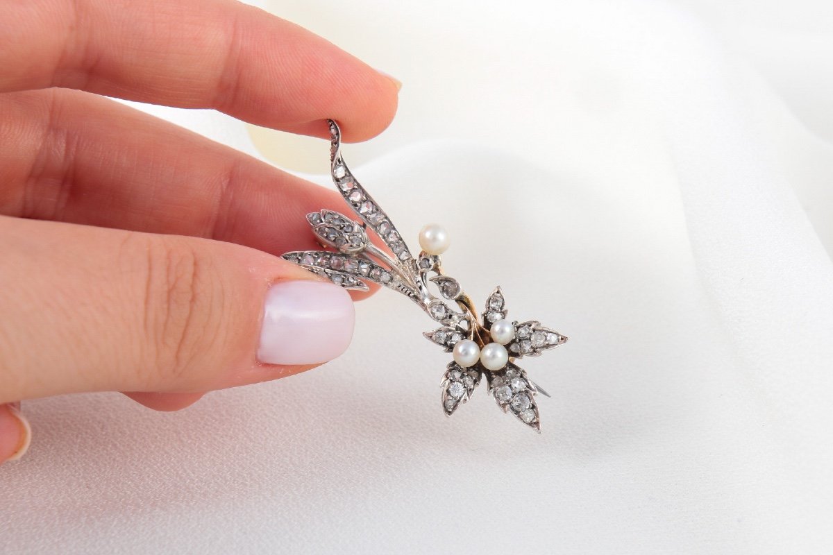 Broche Erable En Or, Diamants, Et Perles Fines-photo-3