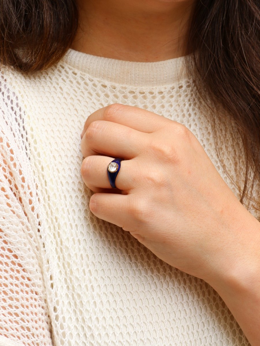 Bague Solitaire Or Jaune Diamant émail Bleu-photo-2