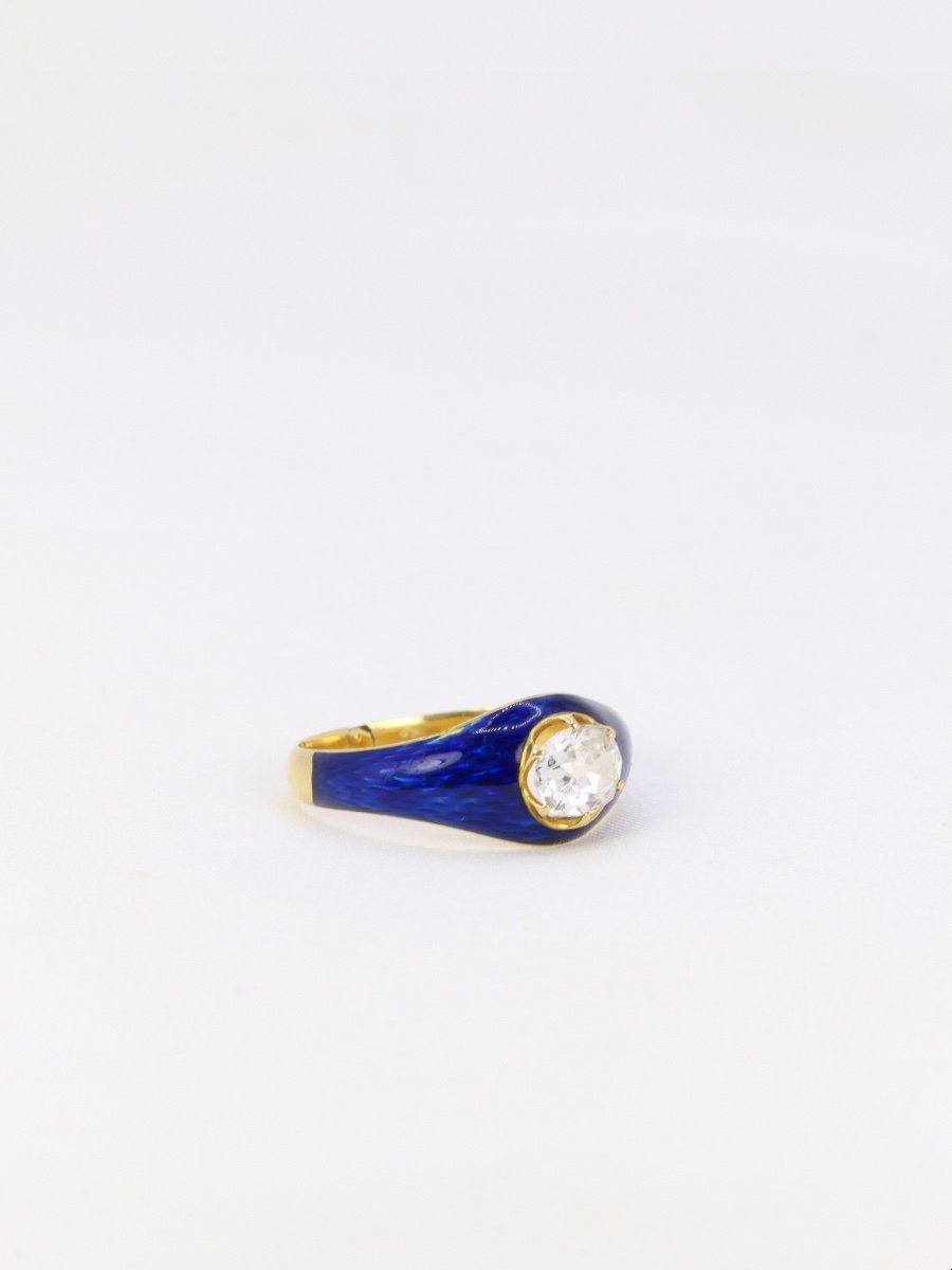 Bague Solitaire Or Jaune Diamant émail Bleu-photo-3