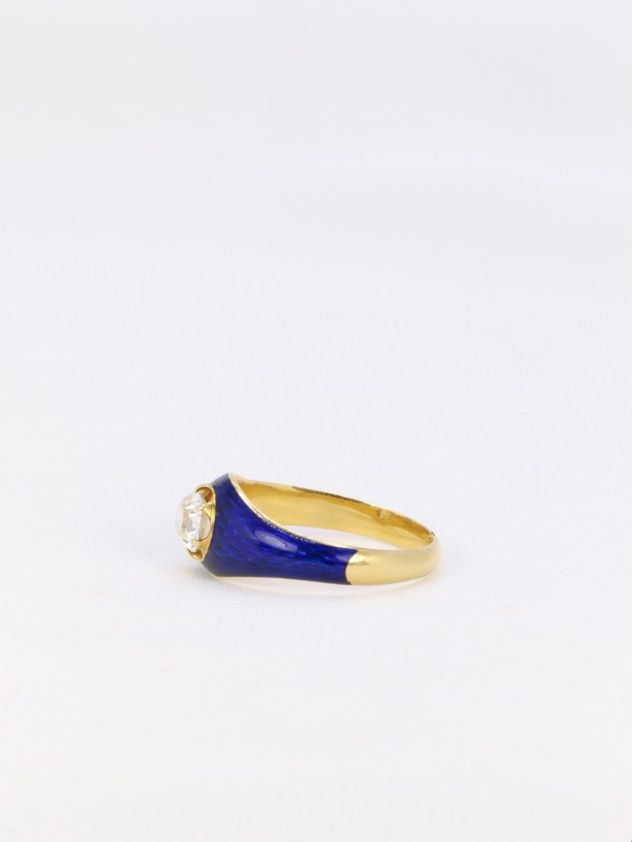 Yellow Gold Solitaire Ring With Blue Enamel Diamond-photo-2