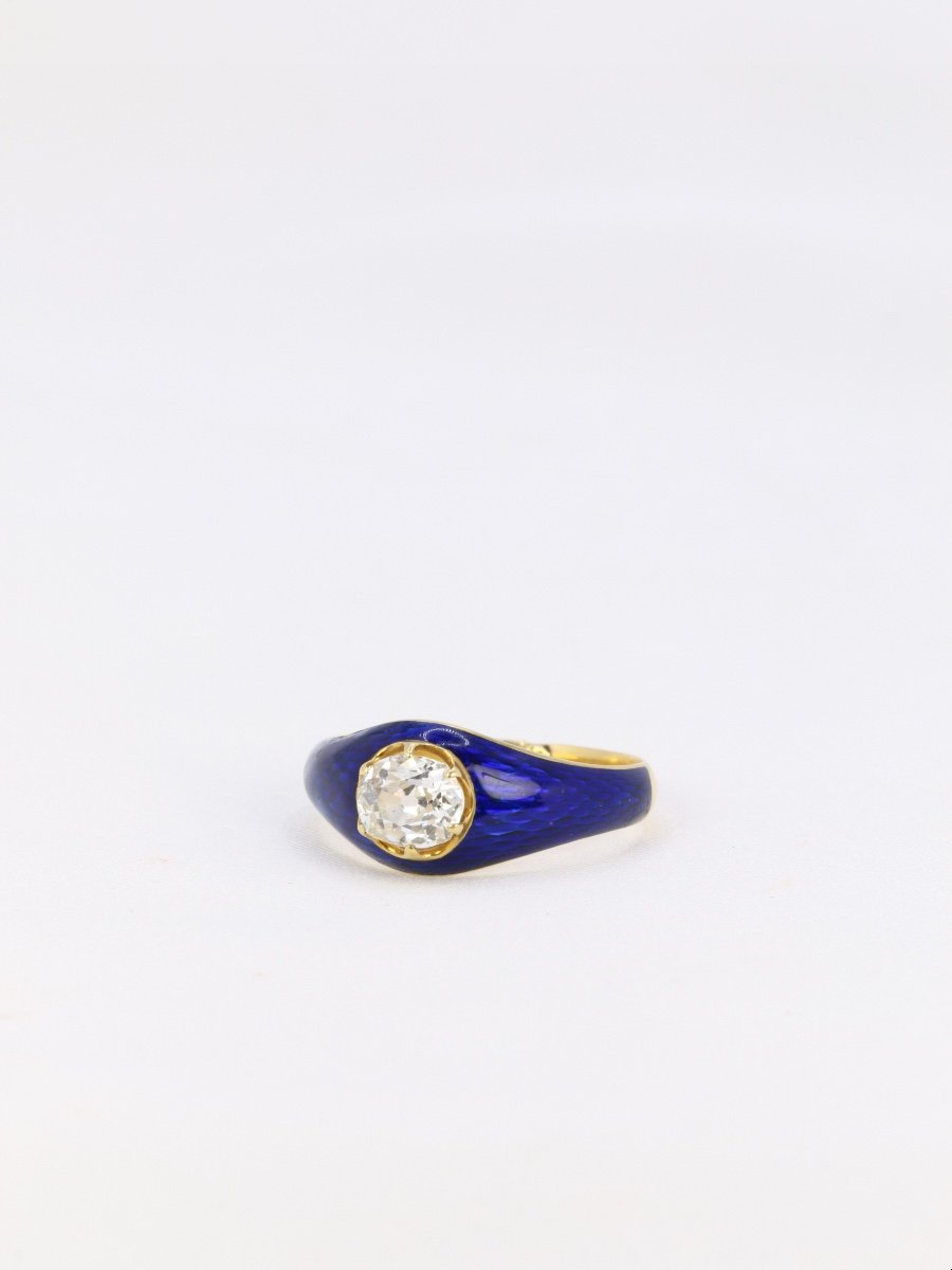 Bague Solitaire Or Jaune Diamant émail Bleu-photo-3